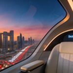 Cinematic interior view of a luxury electric flying taxi (eVTOL) flying over the Dubai skyline at sunset with Burj Khalifa in the distance.