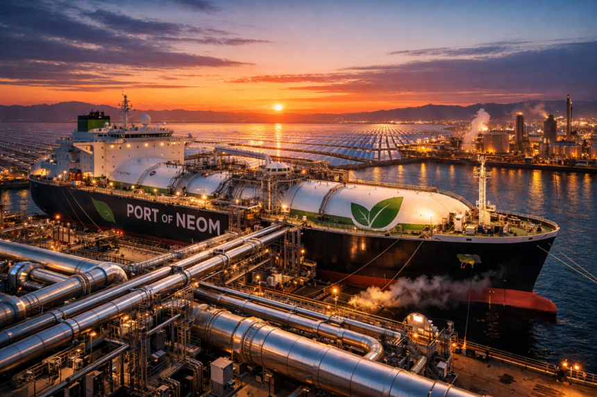 A massive green hydrogen tanker ship docked at the Port of NEOM in 2026, being loaded with liquid ammonia from the Helios plant, with solar arrays in the background.