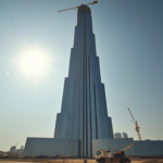 A low-angle shot of the Jeddah Tower under construction in early 2026, showing active cranes on the 80th floor and the glass facade rising against the blue sky