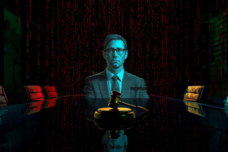 A conceptual digital illustration of a CEO’s face being scanned by a red laser 'Access Denied' filter, symbolizing the new UAE deepfake defense laws 2026.