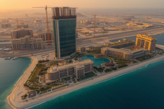 A panoramic view of the completed structural frame of Wynn Al Marjan Island in early 2026, with cranes removing the final steel beams and the glass facade reflecting the Arabian Gulf.