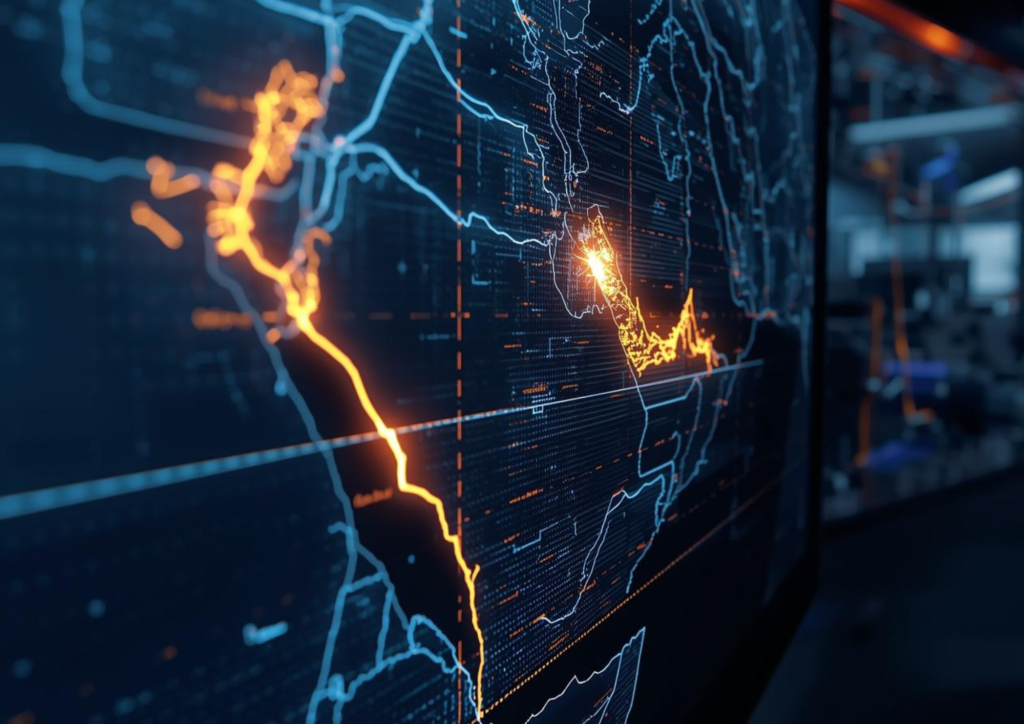 A detailed digital route map of the Saudi Landbridge Project 2026 showing the new railway line connecting Jeddah Islamic Port to King Abdul Aziz Port in Dammam.
