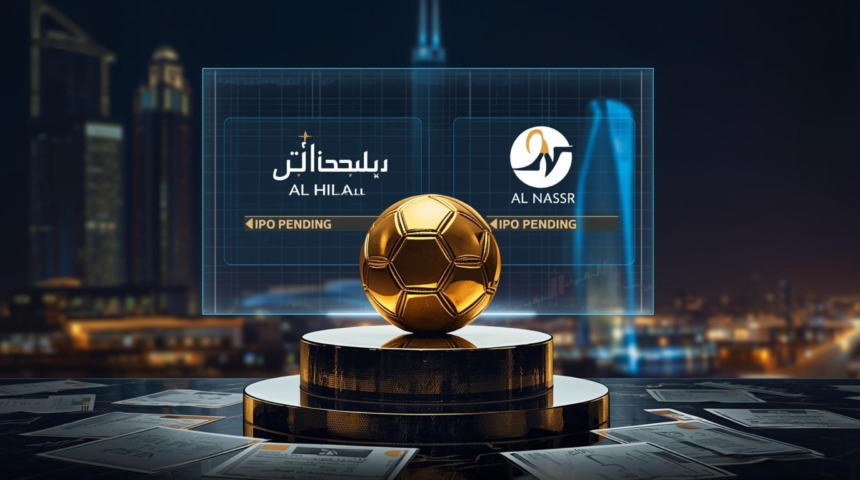 A financial concept shot showing a football jersey with the "Al Hilal" logo hanging inside the Saudi Exchange (Tadawul) trading floor, with a stock ticker showing green arrows.