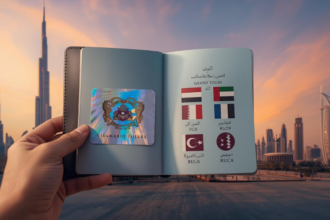 A close-up of a passport being stamped with a golden "GCC Grand Tours 2026" visa stamp, with a blurred map of the Arabian Peninsula in the background.