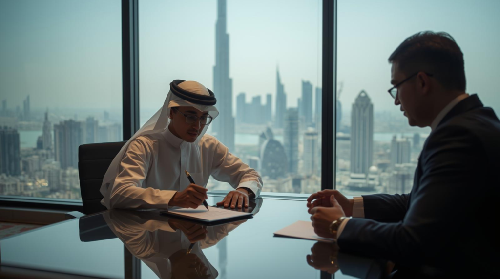 A high-angle shot of a young Emirati entrepreneur signing a digital trade license on a tablet in a modern DIFC office, representing the new age of majority law.