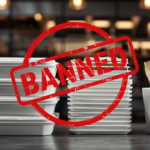 A split-screen comparison showing banned white Styrofoam food containers on the left and new compliant brown kraft paper packaging on the right, set against a blurred Dubai restaurant background.