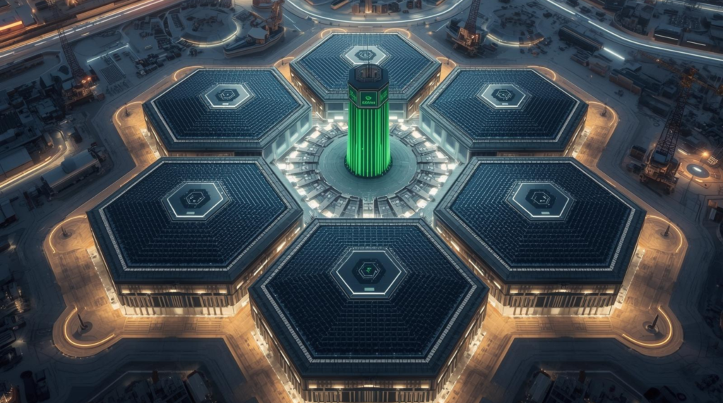 A panoramic digital rendering of the massive 480MW Hexagon Data Centre campus in Riyadh, featuring six interconnected hexagonal buildings with solar arrays and cooling towers.