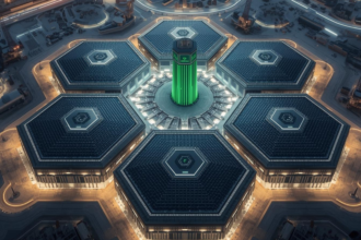 A panoramic digital rendering of the massive 480MW Hexagon Data Centre campus in Riyadh, featuring six interconnected hexagonal buildings with solar arrays and cooling towers.
