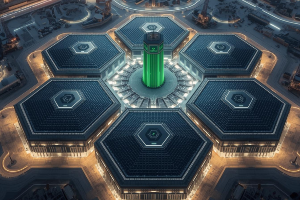 A panoramic digital rendering of the massive 480MW Hexagon Data Centre campus in Riyadh, featuring six interconnected hexagonal buildings with solar arrays and cooling towers.