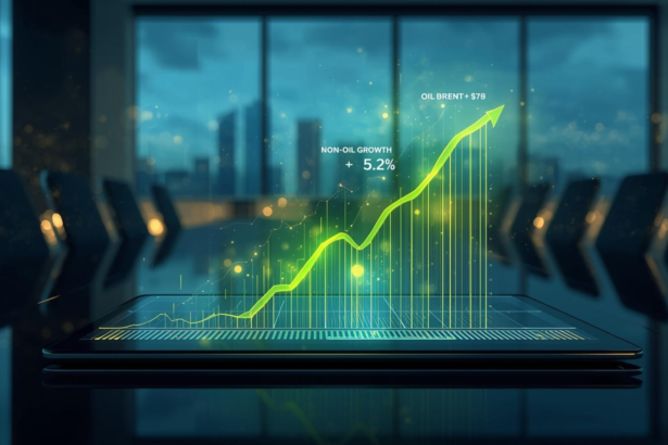 A digital financial dashboard showing a green "Non-Oil GDP" graph overtaking a flat "Oil Revenue" line, set against a blurred background of the Abu Dhabi Global Market (ADGM).