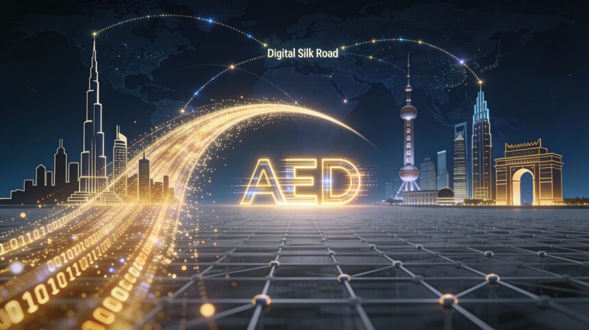 A 3D digital visualization of the UAE Digital Dirham currency symbol floating over a map of the Silk Road, connecting UAE, China, and India.