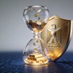 A 3D illustration of a golden shield with the UAE emblem protecting a stack of digital coins, symbolizing the new UAE Golden Pension 2026 scheme.